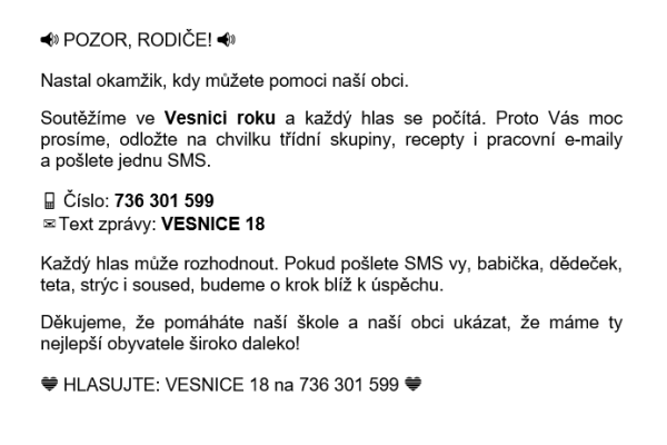 Prosba o hlasování v soutěži Vesnice roku